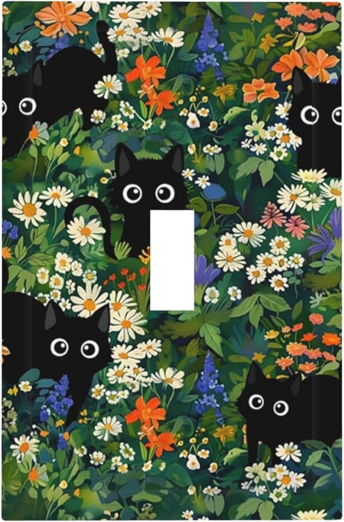 Boho Cute Black Cats Decorative Light Switch Cover 1-Gang Cartoon Kids Girl Green Floral Flowers Aesthetic Animal Single Toggle Wall Plate Electrical Device Outlet Switch Faceplate Cover Jumbo Size