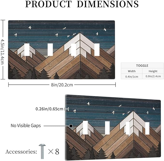 Rustic Geometric Mountain Wilderness Wood 4 Gang Wall Plate Quad Toggle Light Switch Cover Decorative Outlet Covers Electrical Light Switches Faceplate for Bedroom Bathroom Kitchen Decor