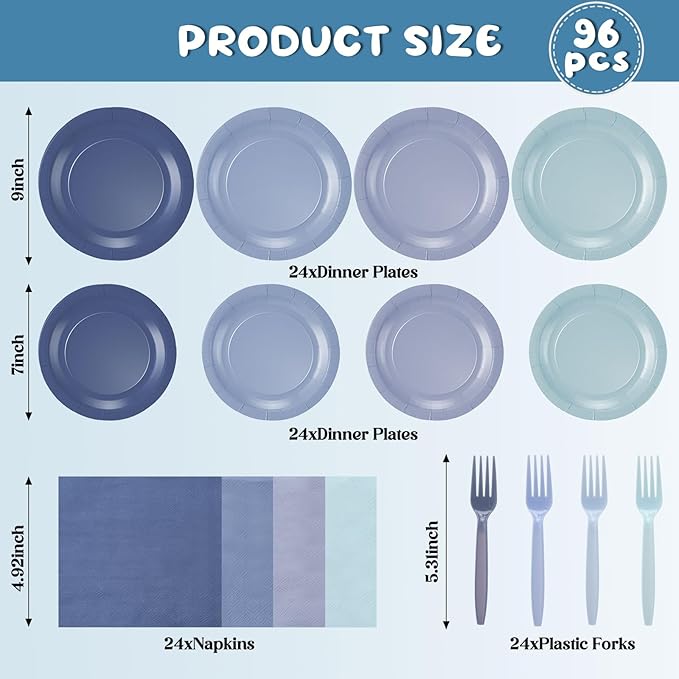 FoldTier 96 Pcs Dusty Blue Gradient Tableware Sets for 24 Guests Include 9 '' and 7'' Paper Party Plates Disposable Cocktail Napkins Plastic Forks Dinnerware for Birthday Wedding Tea Party Baby Shower