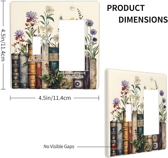 Plant Floral Books Colorful Flower Outlet Covers 1 Toggle 1 Rocker Combination Decorative Wall Plate Electrical Switch Plates Light Switch Cover Plate for Kids Room Bedroom Decor