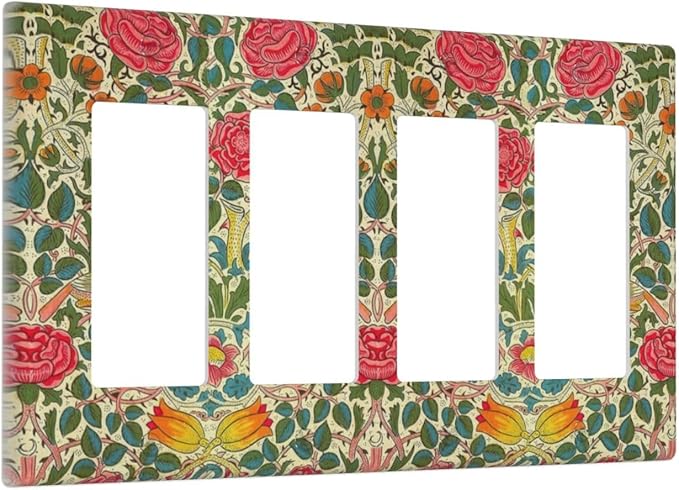 William Morris Roses Floral 4 Gang Light Switch Cover VintageTulip Flower Plant Bird Quad Rocker Outlet Covers Switchplates Decorative Electrical Wall Plate for Bedroom Home Décor