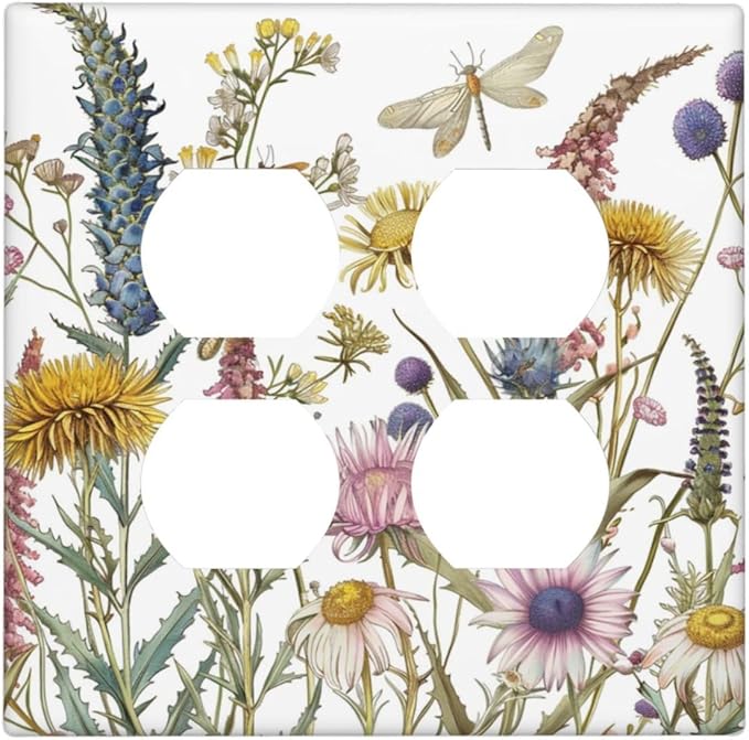 Decorative Outlet Covers Botanical Wildflowers Dragonfly Colorful Floral 2 Gang Decorative Switch Plate Double Duplex Wall Plates Switch Plates and Outlet Covers for Bathroom Bedroom Decor