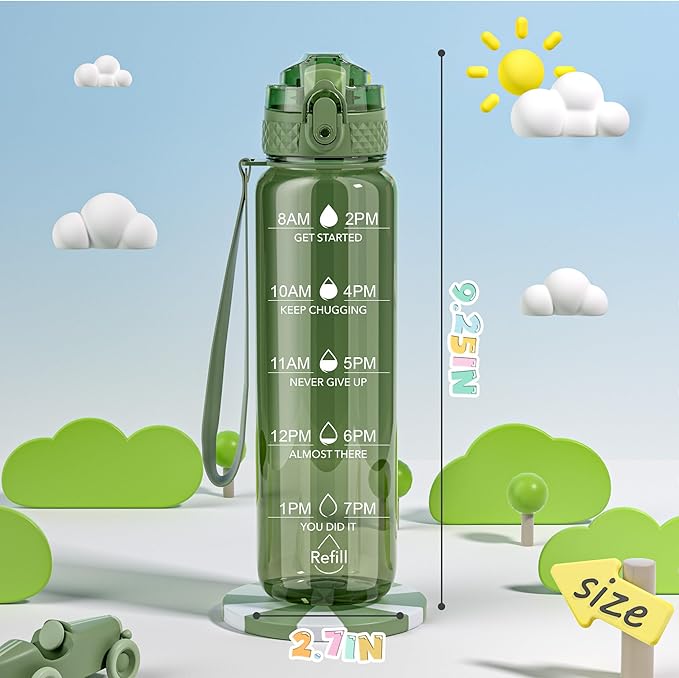 OLDLEY 17oz Kids Water Bottle for school Girls Boys, Motivational Water Bottles With Silicone Straw, Leak-Proof Tritan BPA-Free, Reusable water bottles for kids, Jade