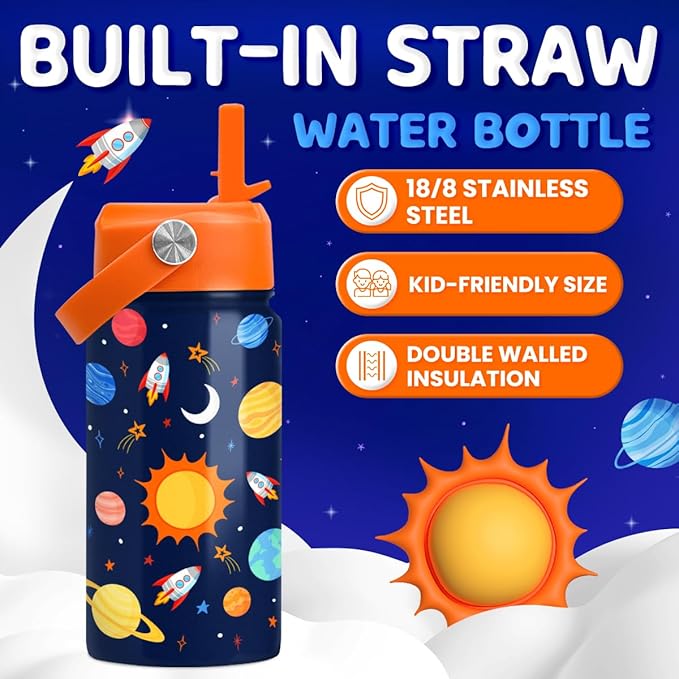 Space Water Bottle - Kids Water Bottle with Straw Lid - 12 Oz Insulated Stainless Steel Water Bottles for Kid Boys Girls - Travel Cup for School Sports