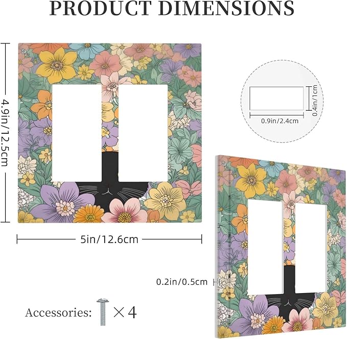 Decorative Outlet Covers Funny Cute Cartoon Cat Floral Colorful Flower 2 Gang Double Gfci Rocker Electrical Wall Panels Light Switch Cover Plate For Kids Room Nursery Decor