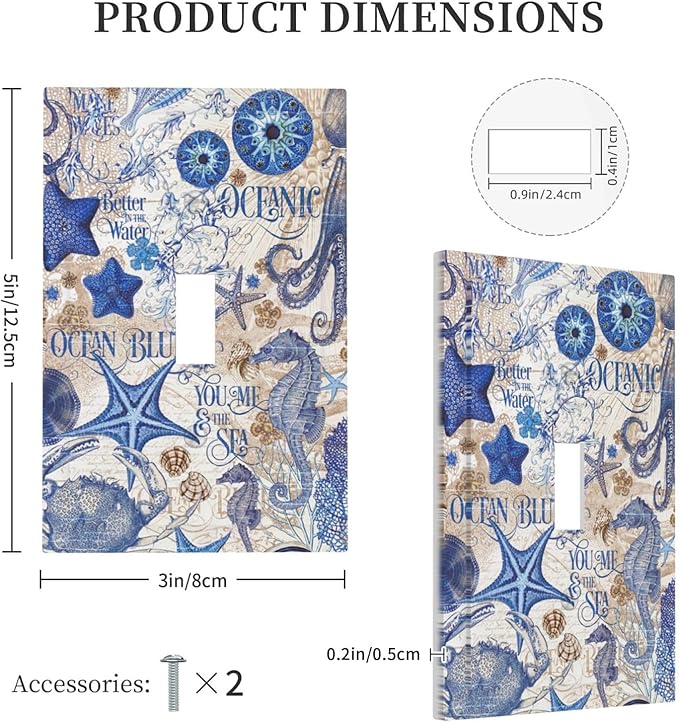 Decorative Light Switch Cover Vintage Sea Blue Seahorse Starfish Octopus 1 Gang Single Toggle Device Electrical Faceplate Switchplates Decorator Outlet Wall Plate For Kids Room Home Decor