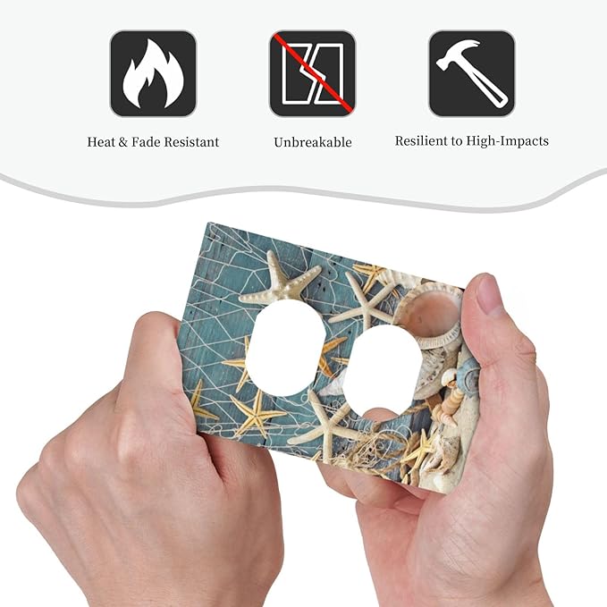 Nautical Beach Starfish Teal Wood 1 Gang Outlet Plate Covers Decorative Single Duplex Wall Plate Electrical Receptacle Light Switch Cover Electric Switchplate Country Decor