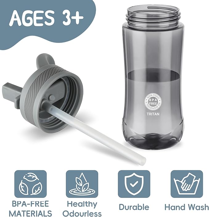 Kids Clear Water Bottle 14oz Flip with Straw Carry Handle, Leakproof, Reusable, Tritan, BPA Free, Suitable for Boys and Girls, Gray