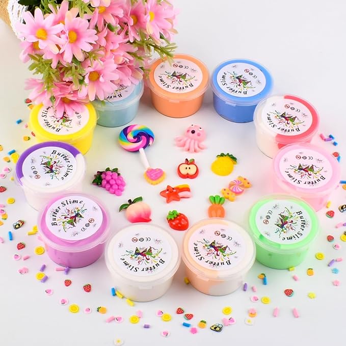 WUJYLY Butter Slime Kit 11 Pack, Scent, Stretchy, and Non-Sticky, with Peach Strawberry, Grape Slime Charms, Stress Relief, Educational Slime, Birthday Gifts Prize Party Favors for Girl Boys Kids 6-12