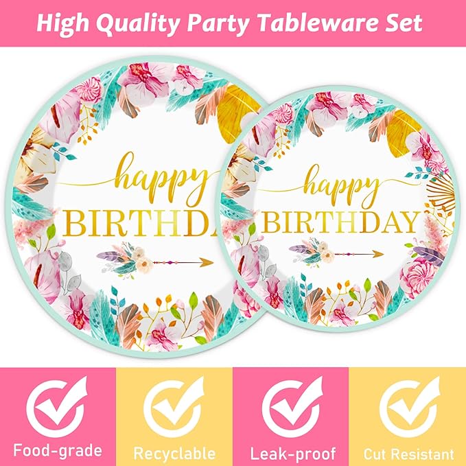 Tevxj 96 Pieces Happy Birthday Party Plates Napkins Boho Decorations Gold Metallic Tableware for Boys and Girls Happy Birthday Dessert Plates Napkins Forks for 24 Guests Party Supplies Favor