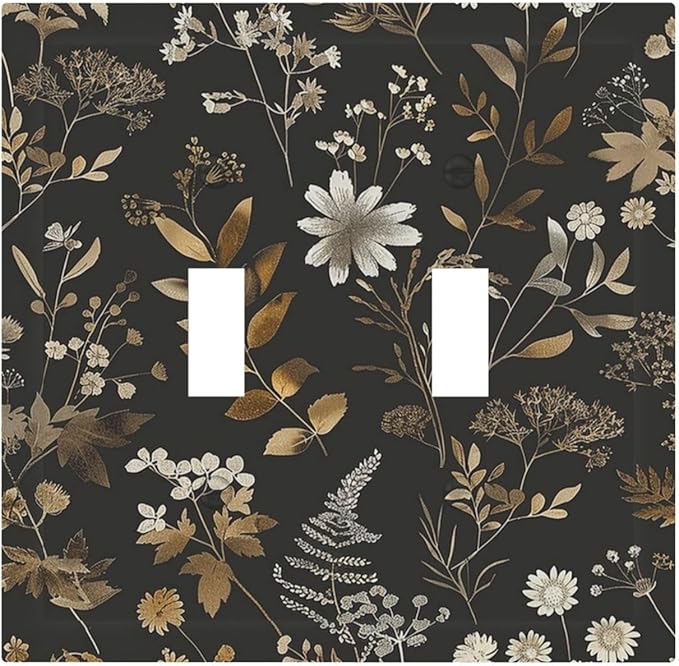 Decorative Switch Plates Black Gold Floral Dark Leaves Vintage Flowers 2 Gang Double Toggle Outlet Light Switch Cover Wall Plate Electrical Faceplate for Bed Room Home Decor