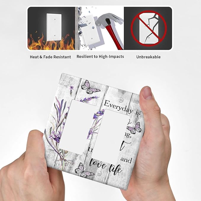 Outlet Covers Purple Lavender Flower Butterfly on Wood Plank 2 Gang Wall Plate Double Rocker Light Switch Cover Inspirational quotation Floral Decorative GFCI Receptacle Cover Electrical Switchplate
