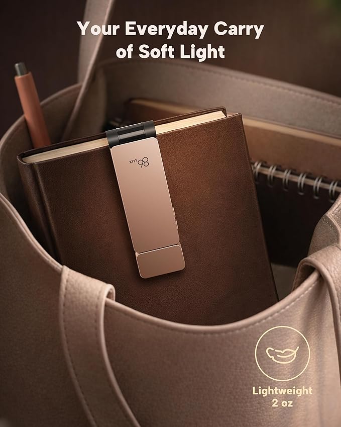 86lux Book Light, Rechargeable Clip-On LED Reading Light for Bed & Night Use - 3 Color Temperatures with Stepless Dimming, Ultralight Bookmark Design for Kids, Book Lovers, Pink Brown
