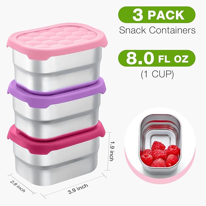 Gencywe 3 Pack Stainless Steel Snack Containers for Kids, 8 oz Easy Open Leak Proof Small Toddler Snack Containers with Silicone Lids, Stackable Metal Lunch Box for Daycare and School (Pink)
