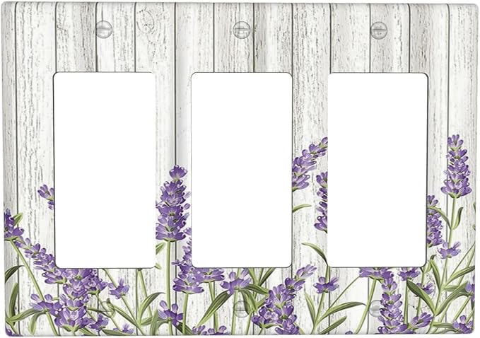 Rustic Wooden Plank Lavender 3 Gang Wall Plate Triple Rocker Light Switch Cover Decorative Switch Plates Outlet Covers Electrical GFCI Faceplate for Bedroom Bathroom Kitchen Art Decor Accessories