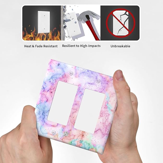 Decorative Switch Plate Covers Cute Marble Texture 2 Gang Double Rocker Decora Light Switch Cover Pink Purple Gold Abstract Dual Outlet Wall Plate Electrical Faceplate GFCI for Kids Girls Nursery