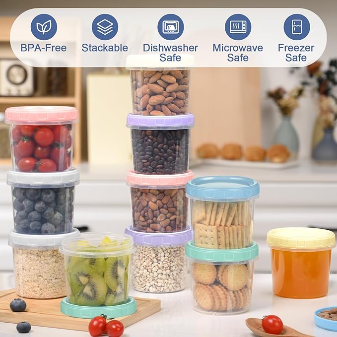 Yomarket 12pcs 10 oz Plastic Containers with Screw Lids, Reusable Clear Food Storage Containers with Pen and Brush for Snack Salad Fruit, Leakproof Small Freezer Container, Microwave & Dishwasher Safe