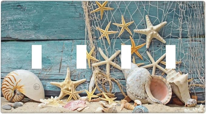 Nautical Beach Starfish Teal Wood 4 Gang Device Light Switch Cover Decorative Quad Toggle Wall Plate Decorative Electrical Faceplate for Home Bedroom Art Decorate
