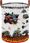 Monster Trucks Storage Basket Laundry Hamper,Collapsible Car Room Decor for Boys,Waterproof Monster Trucks Easter Gift Bag,45L Large Clothes Towel Toy Book Nursery Hamper(Round)