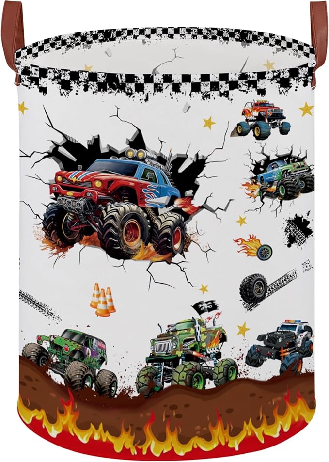 Monster Trucks Storage Basket Laundry Hamper,Collapsible Car Room Decor for Boys,Waterproof Monster Trucks Easter Gift Bag,45L Large Clothes Towel Toy Book Nursery Hamper(Round)