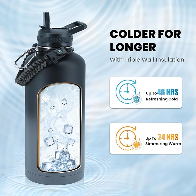 RAYMYLO Insulated Water Bottle 87 oz, Triple Wall Vacuum Stainless Steel (Cold for 48 Hrs), Leak Proof & Non-BPA, Modern Water Flask Jug with Paracord Handle & Straw Spout Lids, Dark Grey