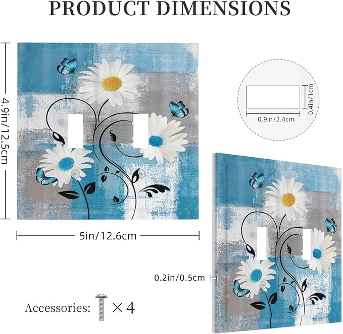 Rustic Daisy Teal Blue Floral Vintage Plant Double Toggle Light Switch Covers 2 Gang Wall Plate Dual Decorative Switchplate Electrical Faceplate for Farmhouse Bathroom Bedroom Decor