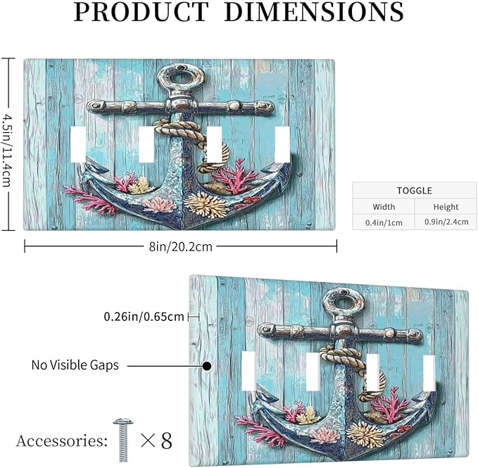 Light Switch Covers Anchor Coastal Beach Nautical Coral Quad Toggle Electrical Faceplate 4 Gang Wall Plate Decorative Switch Plates For Farmhouse Cabin Decor