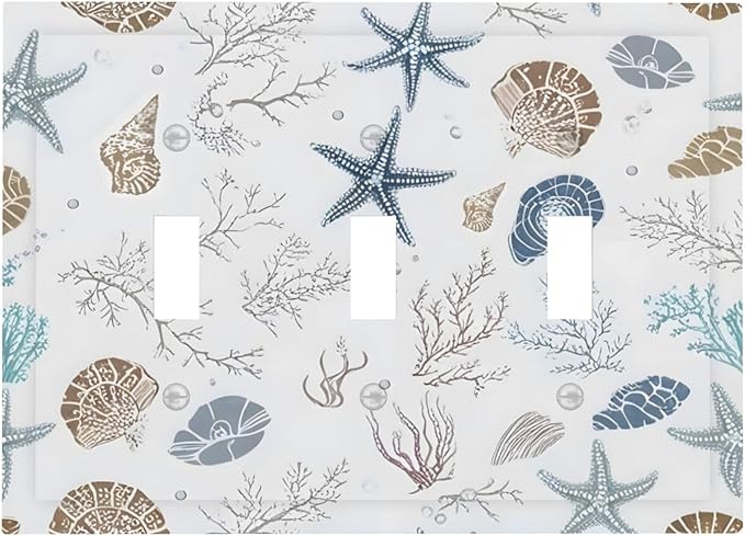 Ocean Starfish Seashells Nautical Coastal Sea Coral Decorative Switch Plates 3 Gang Wall Plate Triple Toggle Light Switch Cover Faceplate Electrical Wall Panels for Kids Room Nursery Decor