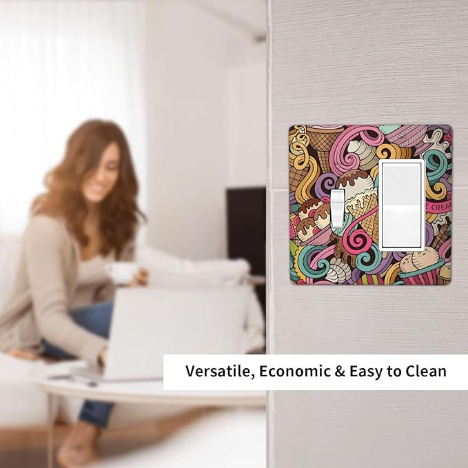 Cartoon Hand Drawn Ice Cream Doodles Colorful Print Outlet Covers 1 Toggle 1 Rocker Combination Decorative Wall Plate Electrical Switch Plates Light Switch Cover Plate for Kids Room Nursery Decor
