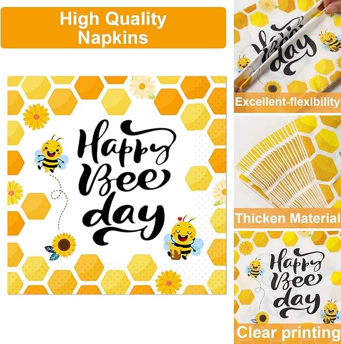 Qyeahkj 100 Pcs Bee 1st Birthday Party Supplies Paper Plates and Napkins Set Disposable Bee First Birthday Tableware Decorations for Bees Theme Baby Shower Serves 25
