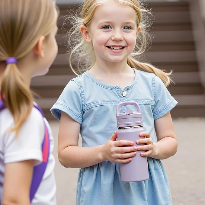 Fijinhom 12oz Kids Water Bottle for School, Toddler Bottles with Straws, Stainless Steel Vacuum Insulated Water Bottle for Boys&Girls, Leak-Proof, BPA-Free, Blue Black