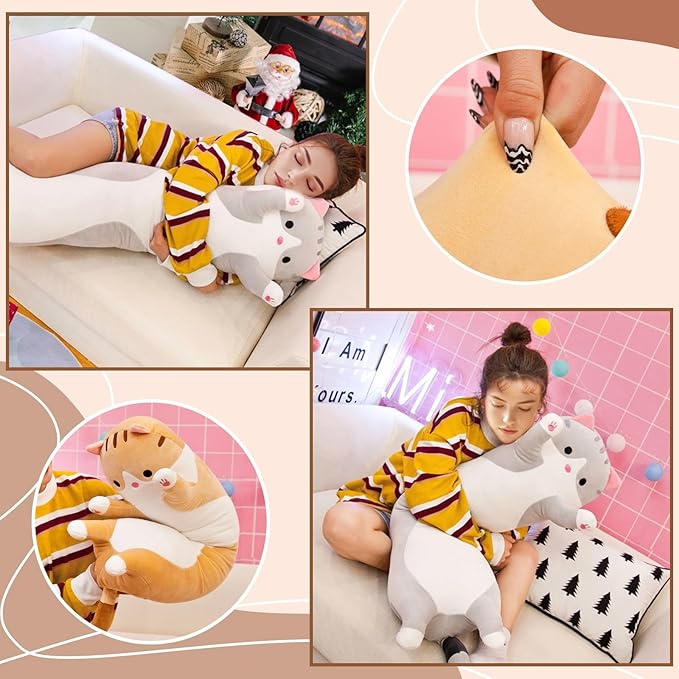 Cute Cat Plush Long Body Pillow – Soft Cartoon Stuffed Animal Doll, Kawaii Cat Plushie Cuddle Toy for Kids, Girls & Girlfriend (Gray, 35.4 Inch)