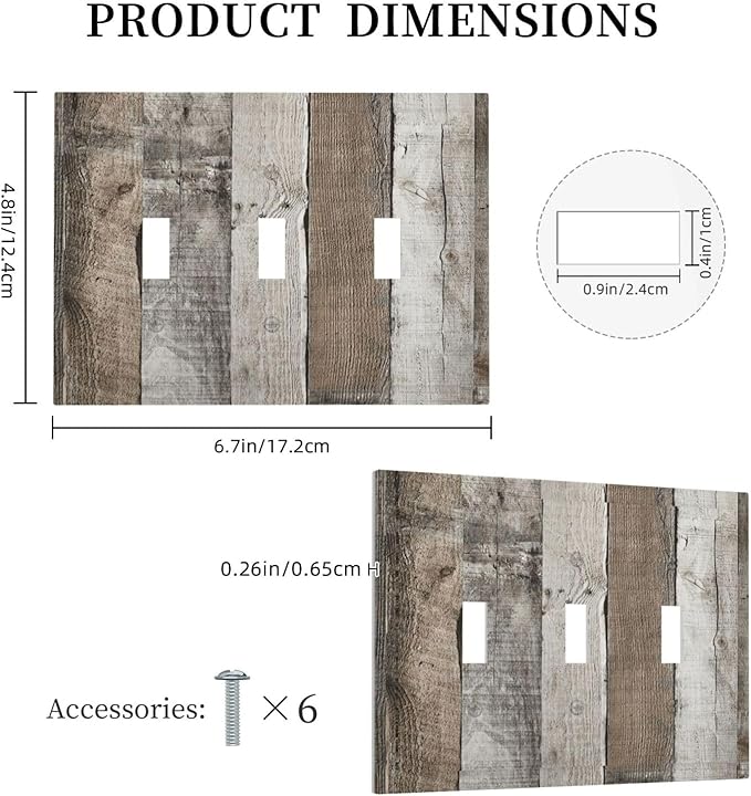 Natural Grey Wood Vintage Faux Wood Grain Decorative Switch Plates 3 Gang Wall Plate Triple Toggle Light Switch Cover Faceplate Electrical Wall Panels for Farmhouse Home Decor