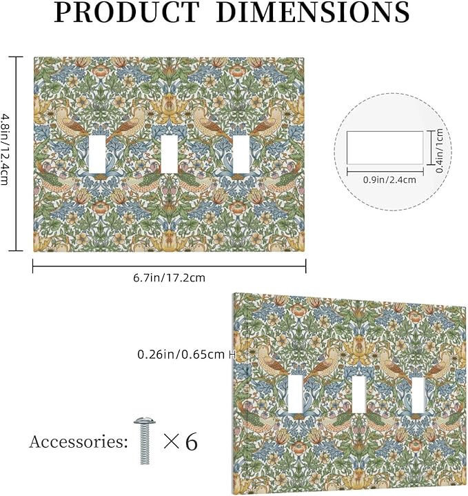 William Morris Strawberry Thrush Birds 3 Gang Light Switch Cover Vintage Floral Flowers Plant Triple Toggle Wall Plate Decorative Electrical Switchplates for Country Bedroom Kitchen Décor