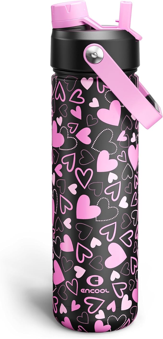 ENCOOL Valentine's Day Insulated Water Bottle with Straw Stainless Steel Water Bottle, Leak-Proof, BPA-Free, Keeps Cold for 24 Hours for Sports, Travel, School (26 oz, Sweet Hearts Violet x Black)