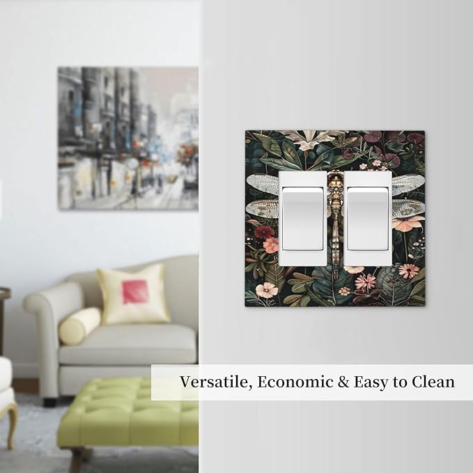 Vintage Dark Green Dragonfly Flowers Floral Botanical Decorative Outlet Covers 2 Gang Double GFCI Rocker Electrical Wall Panels Light Switch Cover Plate for Farmhouse Home Decor