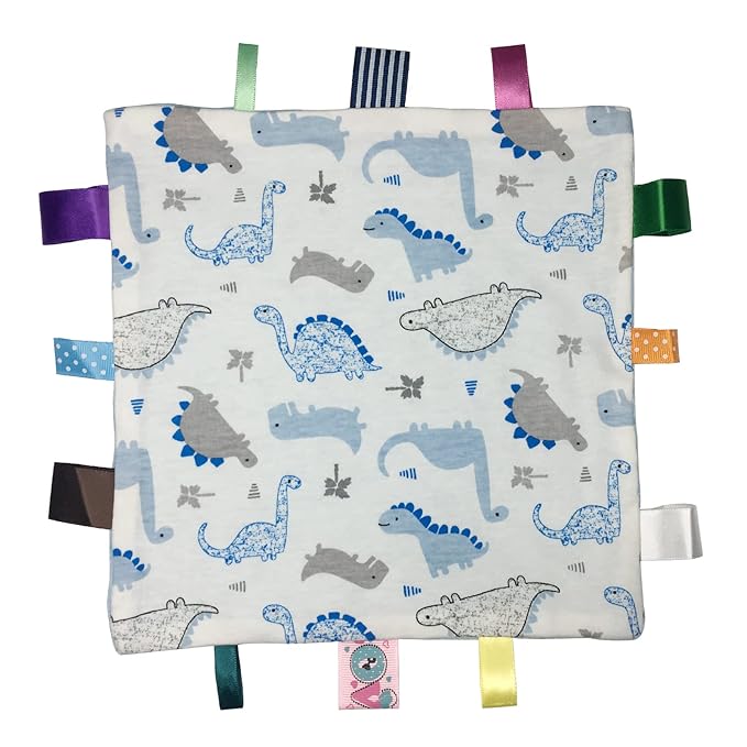 Lovey Dinosaur Security Blanket for Baby - Soft Plush Sensory Toy Comfort Appease Towel with Minky Dot Fabric - Small Taggy Blanket, No Crinkle Paper - Light Blue