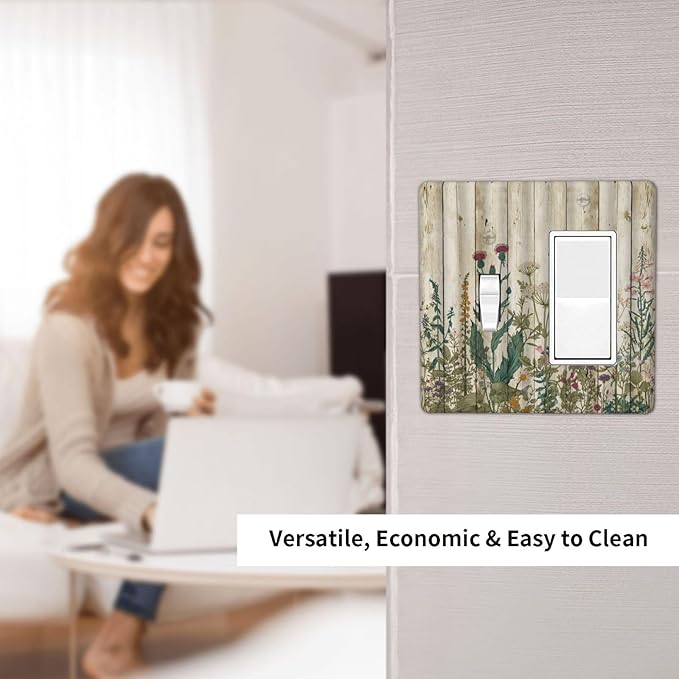 Vintage Wild Flowers Botanical Green Leaves Plants 2 Gang Single Toggle Rocker Combination Light Switch Cover Rustic Wood Plank Decorative Wall Plate Cover Electrical Faceplate Switchplate
