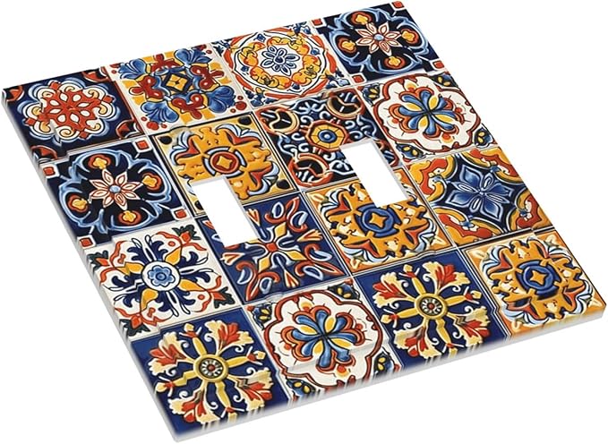 Mexican Talavera Tiles Flower Vintage Decorative Switch Plates 2 Gang Double Toggle Outlet Light Switch Cover Wall Plate Electrical Faceplate for Kitchen Bathroom Decor