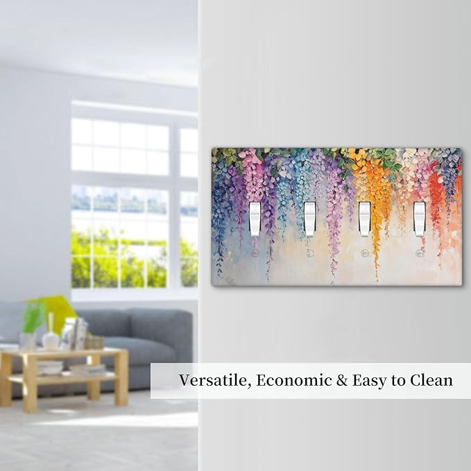 Colorful Wildflower Wisteria Cascade Floral Flower Light Switch Covers Quad Toggle Electrical Faceplate 4 Gang Wall Plate Decorative Switch Plates Cover for Bedroom Living Room Decor