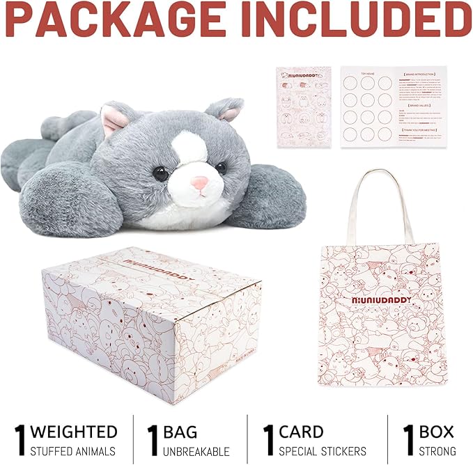 NiuniuDaddy 23.6" | 5 Pounds Grey Cat Weighted Stuffed Animals, Cute Weighted Plush Pillow Comfort Big Large Weighted Pillow Plushies Gifts for Kids & Adults, Include Bag, Stickers, Card on Valentine