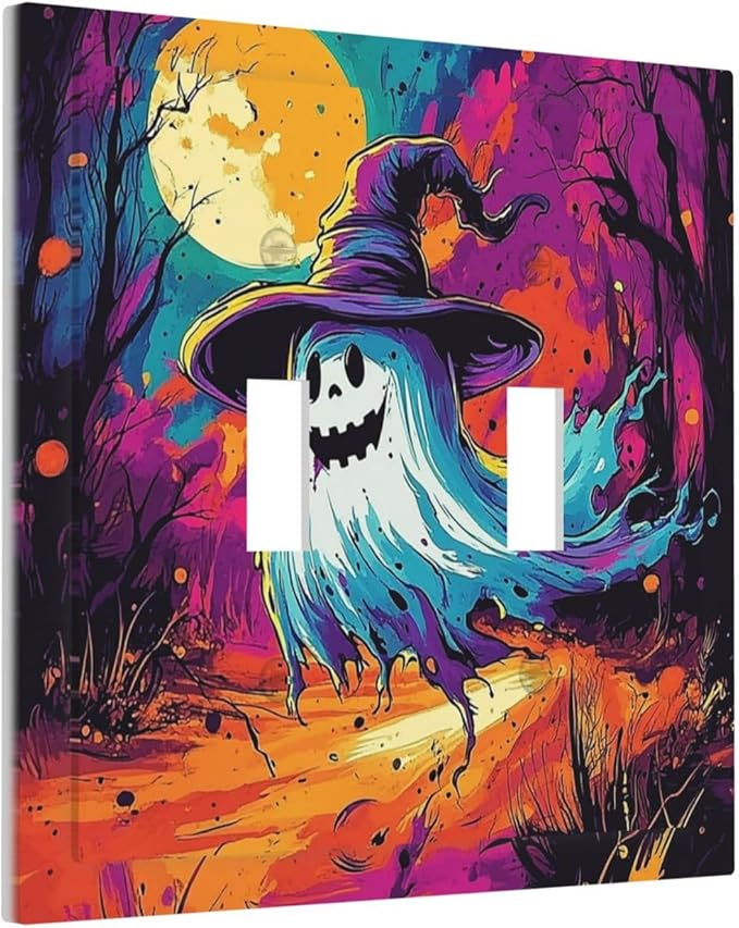 Decorative Switch Plates Ghost Colorful Forest Moon Dead Tree 2 Gang Double Toggle Outlet Light Switch Cover Wall Plate Electrical Faceplate For Nursery Kids Room Decor