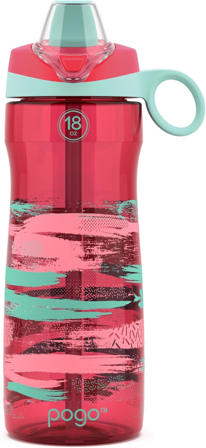 Pogo 18oz Plastic Water Bottle with Straw Lid with Carry Handle, Reusable, BPA Free, Dishwasher Safe, Perfect for Travel, School, Outdoors, and Gym