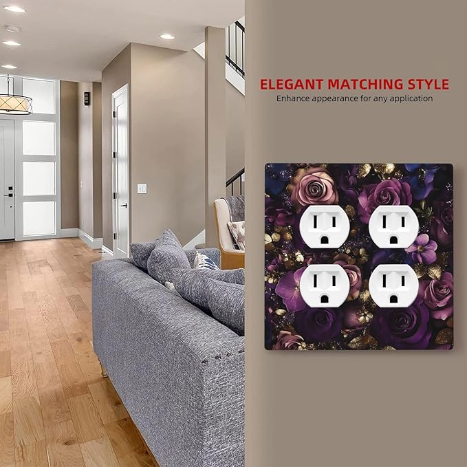 Decorative Outlet Covers with Luxurious Purple Roses Gold Accents Leaves Design 2 Gang Wall Plate Double Duplex Receptacle Light Switch Cover Switch Plate Cover for Bedroom/Living Room Decor