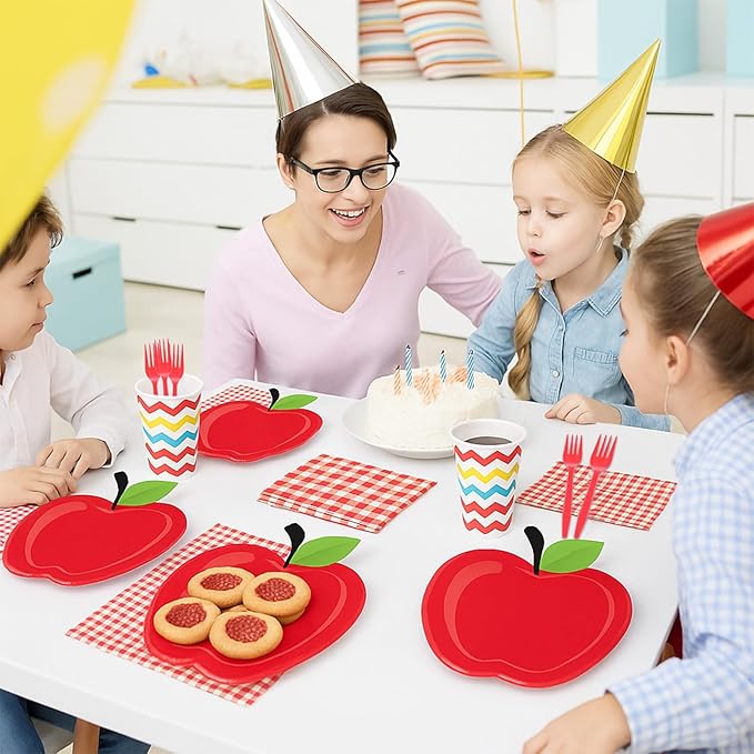 100 Pcs Apple Party Supplies Set, Serves 25 – Disposable Apple-Shaped Paper Plates, Red Gingham Napkins, and Forks, Fruit Themed Tableware for Teacher Appreciation, and Back to School Decorations