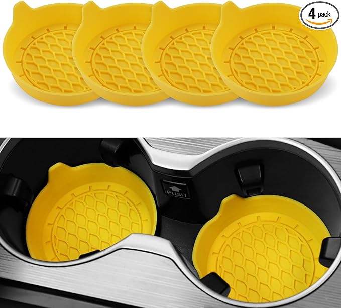 SINGARO Car Cup Holder Coaster, Silicone Cup Holder Insert, Universal Non-Slip Cup Holders, Car Accessories Interior for Women and Man 4 Pack Yellow