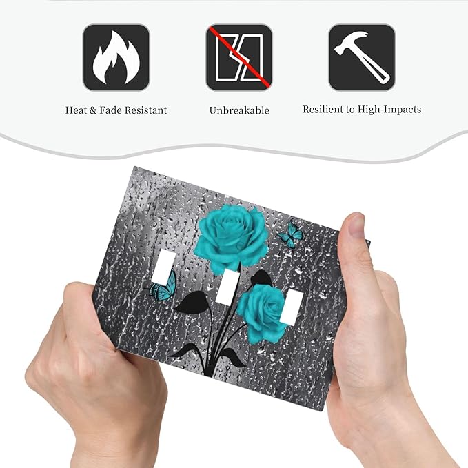 Romantic Elegant Butterfly Turquoise Teal Blue Gray Rose Flower Floral Triple Toggle Decorator Outlet Light Switch Wall Plate Cover Decorative 3 Gang Jumbo Size Three Device Receptacle Faceplate Cover