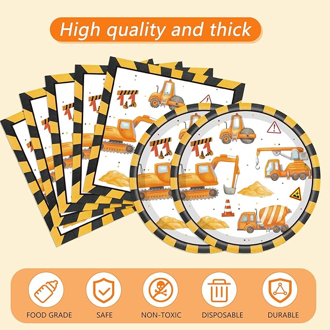 Construction Birthday Party Supplies Construction Excavator Tractor Dump Digger Theme Tableware Include Paper Plates Napkins Tablecloth, for Toddler, Kids, Boys Birthday Party Decorations, Serves 20