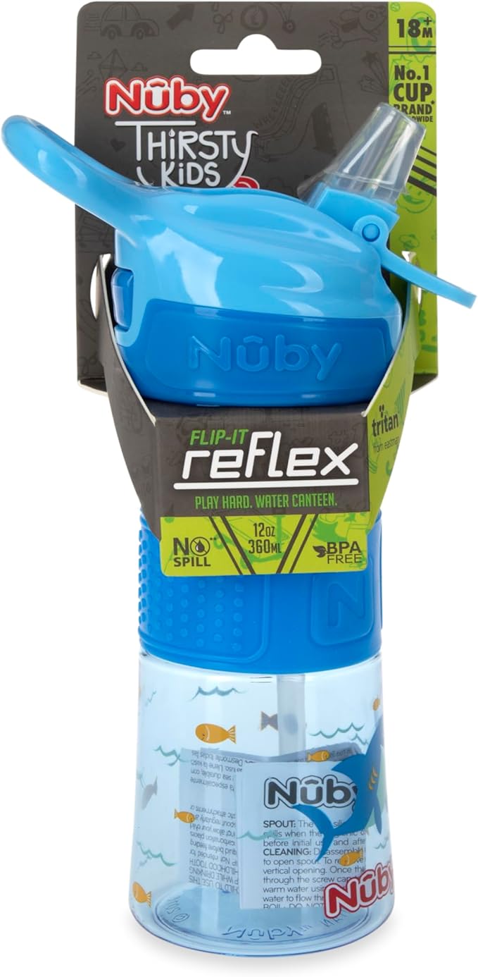 Nuby Thirsty Kids Push Button Flip-it Soft Spout on The Go Water Bottle with Easy Grip Band, Blue Sharks, 12 Oz