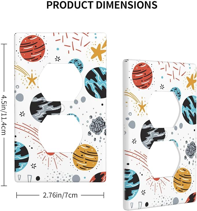 Space Planets Stars 1-Gang Duplex Wall Plate, Cartoon Space Outlet Cover Standard Size Decorative Faceplate for Kids Room, Playroom & Home Decor